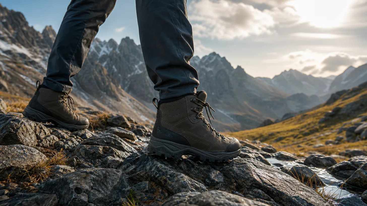 A man hiking across rocky terrain wearing waterproof mid hiking boots