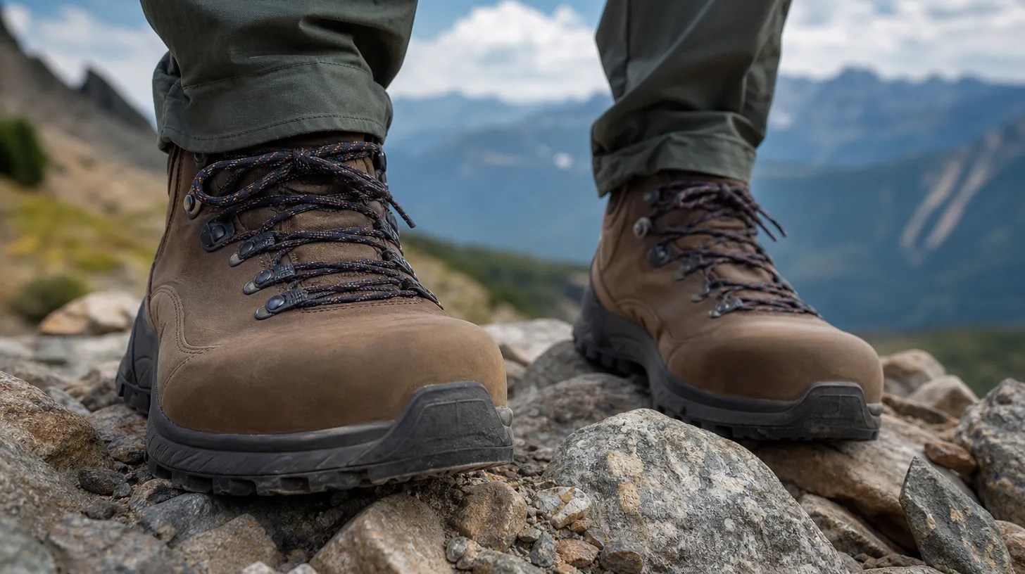 Wide-fit hiking boots with a roomy toe box on a rocky trail