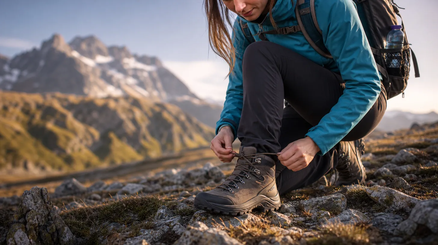 A woman lacing up waterproof hiking boots on a mountain trail