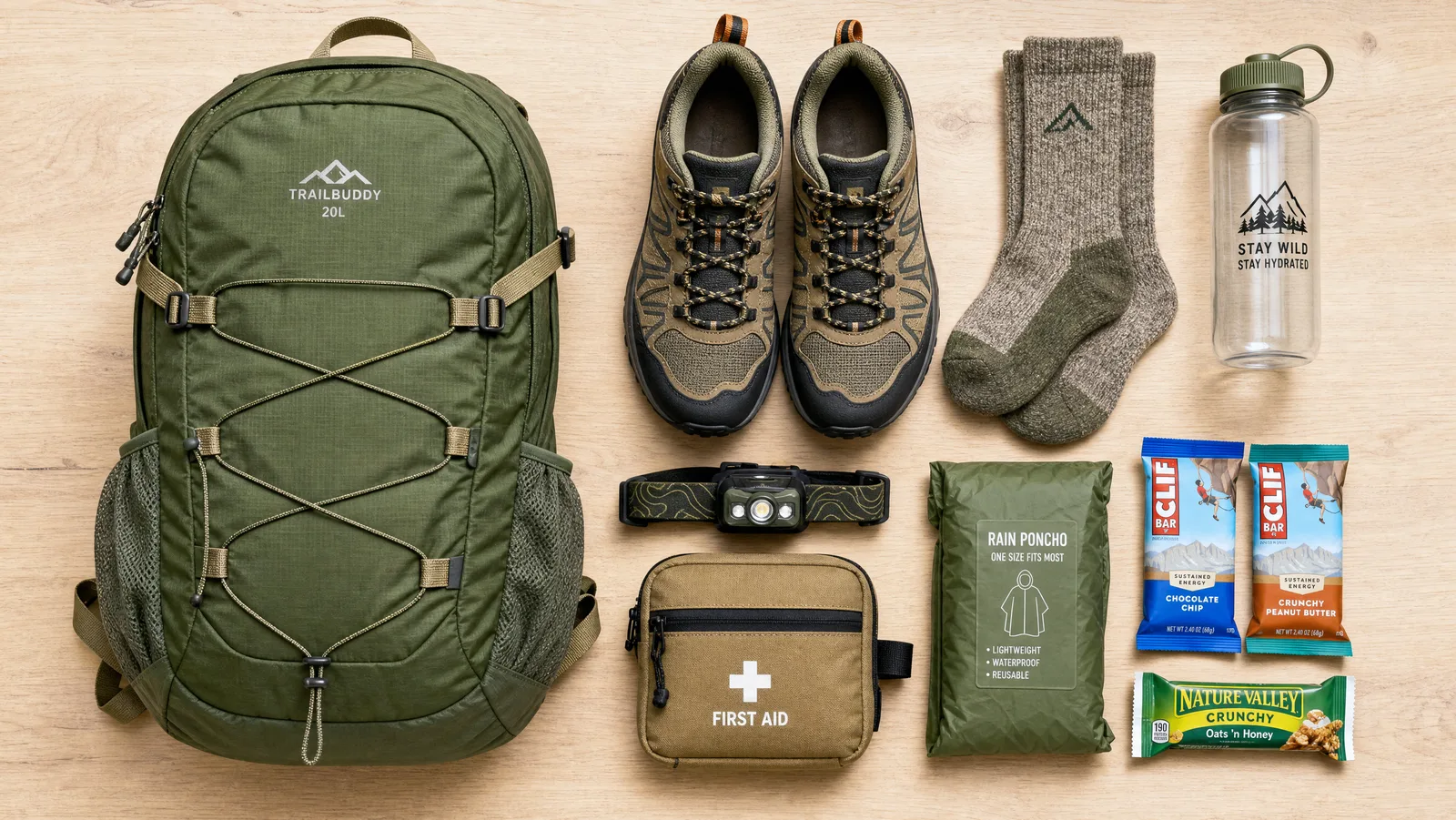 Overhead flat-lay of affordable beginner hiking gear: budget daypack, trail shoes, wool socks, water bottle, headlamp, first-aid pouch and rain poncho