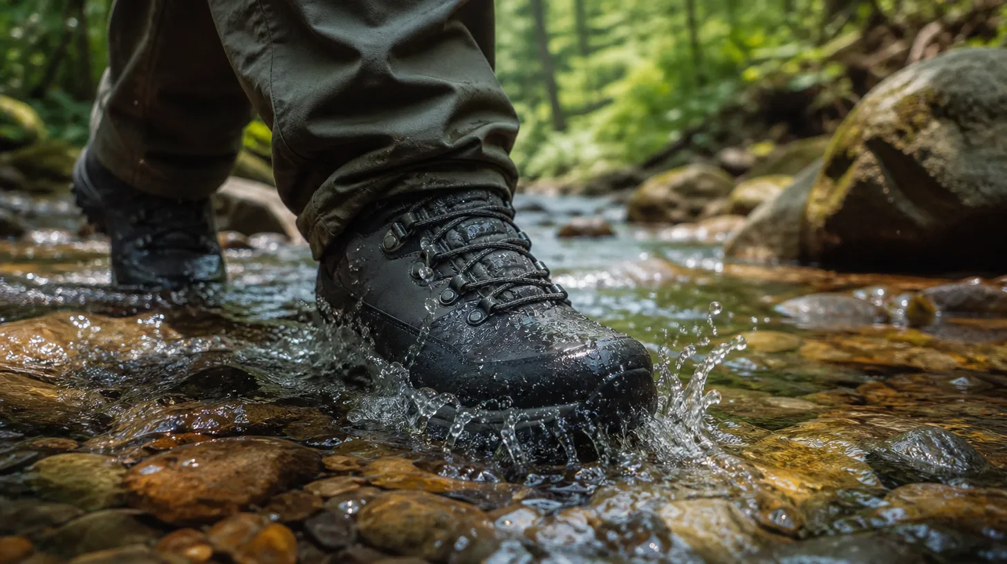 Waterproof hiking boots crossing a shallow stream on a trail