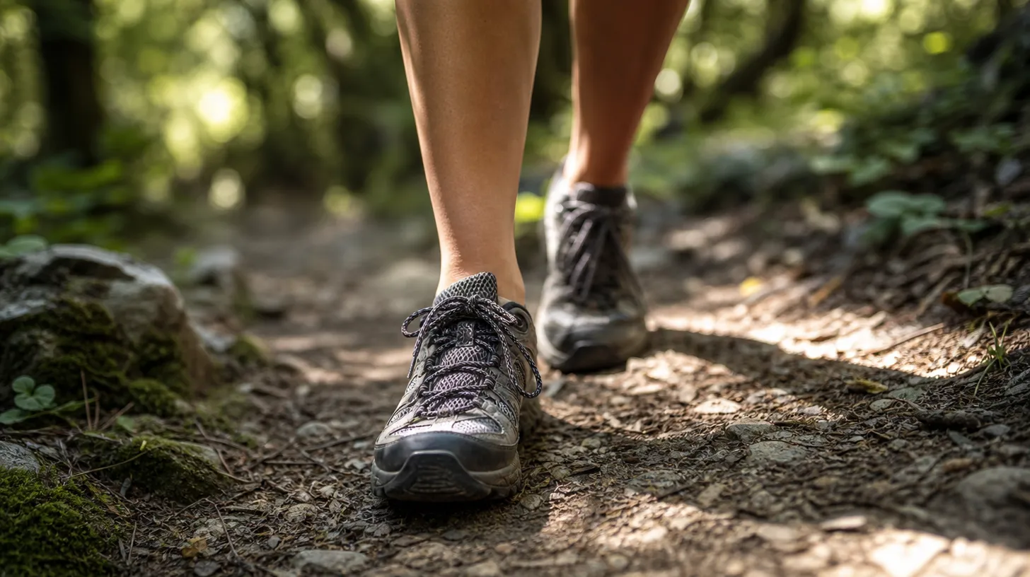 Close-up of women's low-cut hiking shoes on a dirt trail