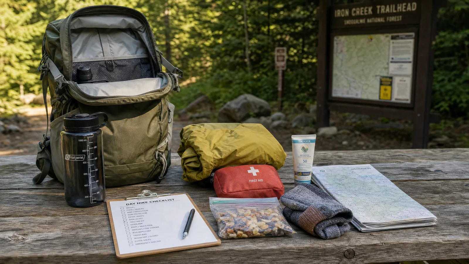 A packed 20-liter daypack with day-hike contents arranged beside a printed checklist on a clipboard at a trailhead bench