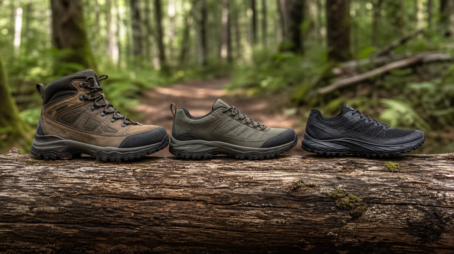 A hiking boot, a low hiking shoe and a trail running shoe side by side on a log