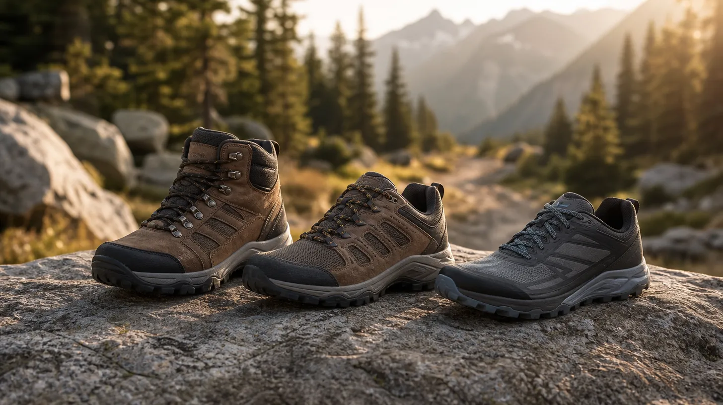Hiking boots, a low hiking shoe and a trail running shoe lined up on a rock with a mountain trail behind