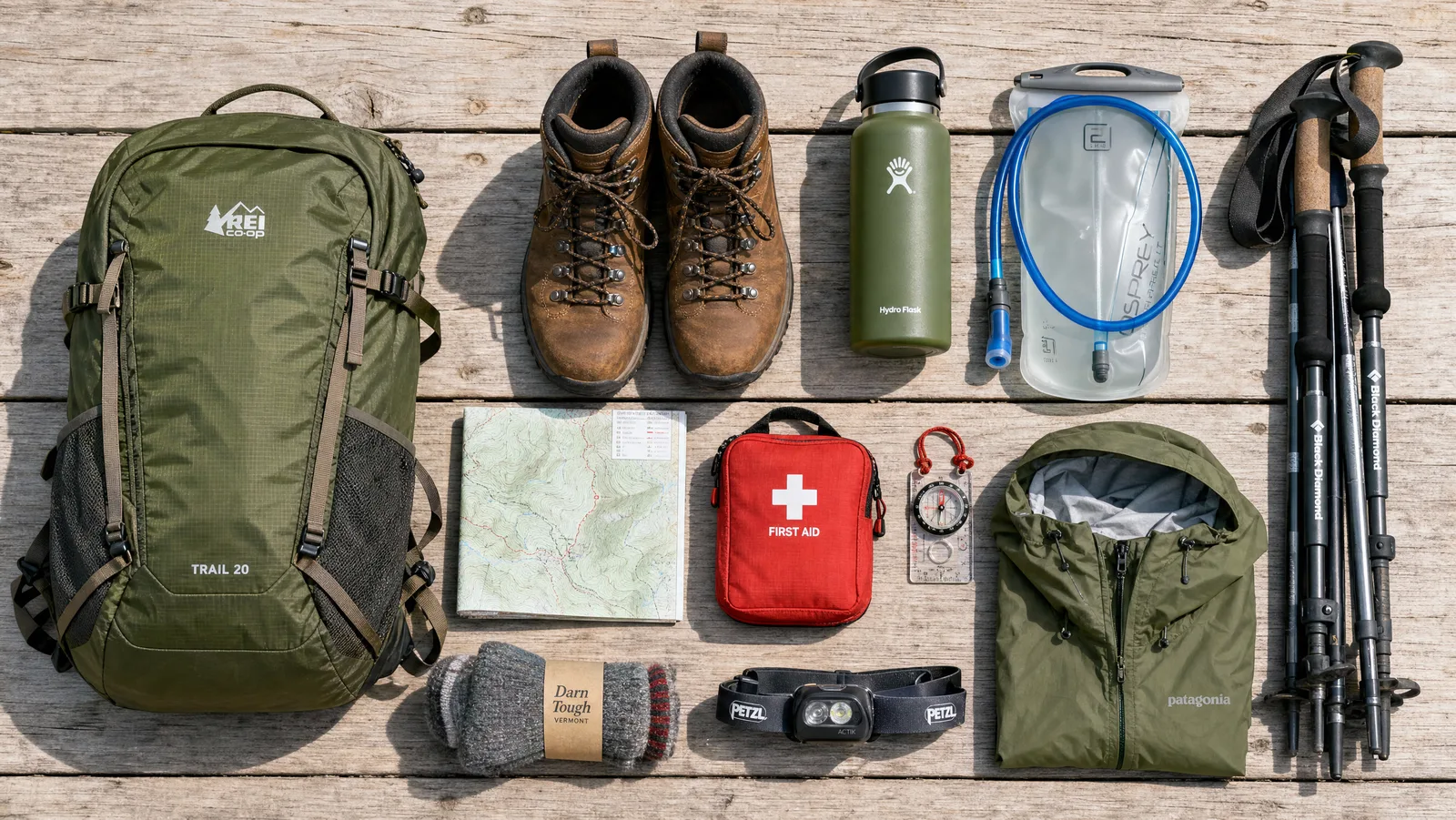 Overhead flat-lay of essential beginner hiking gear: daypack, boots, water bottle, map, first-aid kit, compass, trekking poles and socks on a wood surface