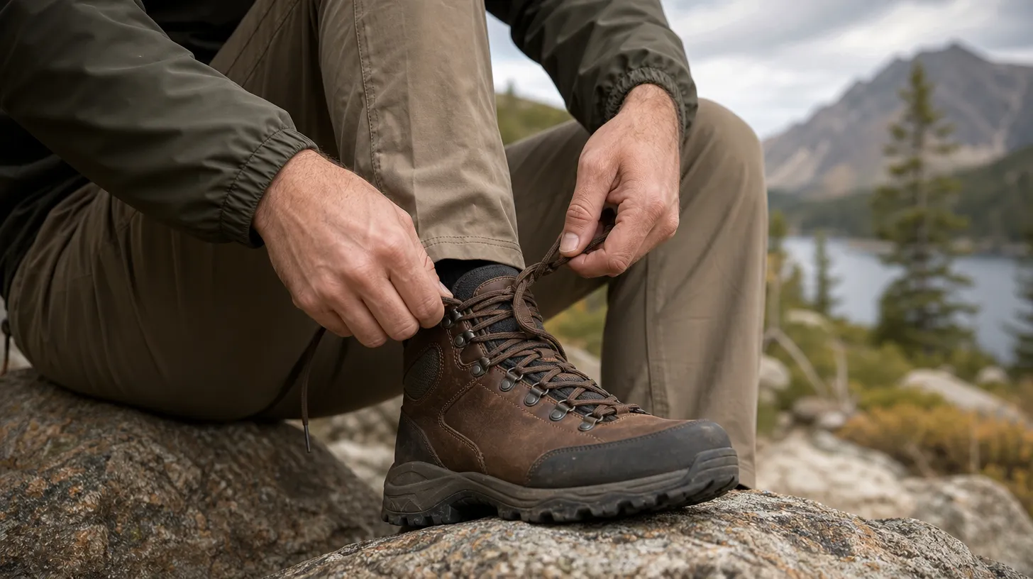 Hands lacing a hiking boot using a heel-lock lacing technique