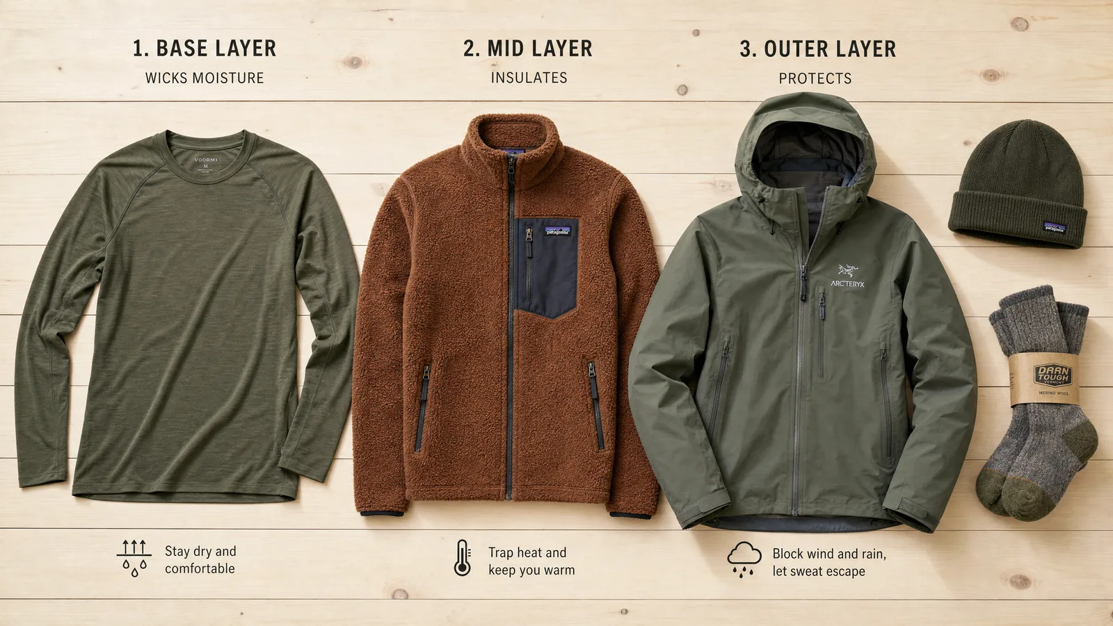 Flat-lay of a three-layer hiking clothing system: moisture-wicking base layer, fleece mid-layer and packable rain shell with merino socks and a beanie